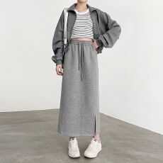 批发韩系半身裙女小个子秋冬高腰a字包臀中长裙直筒开叉<b class='q'>显瘦</b>运动卫裙