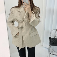 批发韩国chic 秋冬复古气质人字纹绑带收腰夹棉加厚显瘦<b class='q'>西装</b>毛呢外套