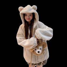 批发羊羔毛外套女冬季<b class='q'>可爱</b>小熊耳朵夹棉保暖连帽韩系毛绒绒冬装棉服