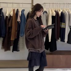 批发韩系减龄<b class='q'>可爱</b>提花翻领毛衣开衫女秋冬慵懒宽松软糯针织衫上衣外套