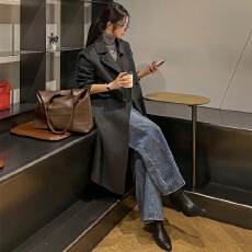 批发韩系chic 2025复古气质翻领双排扣休闲显瘦中长款毛呢外套大衣女