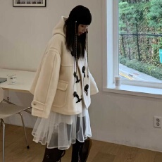 批发韩系chic东大门冬季款休闲气质时尚百搭连帽牛角扣系扣毛呢外套