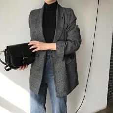 批发韩国chic2025新款复古气质简约经典格纹双排两粒扣<b class='q'>西装</b>外套女 2色