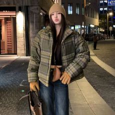 批发韩系chic 冬季短款立领棉服女时尚休闲小个子加厚保暖格子<b class='q'>外套</b>潮