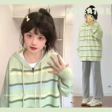 批发韩系条纹撞色休闲<b class='q'>开衫</b>春秋季2025宽松韩版慵懒风连帽针织<b class='q'>毛衣</b>外套