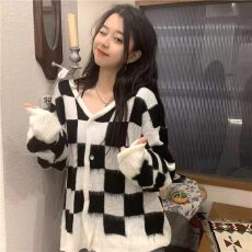 批发韩系chic鬼马系春秋冬复古保暖宽松慵懒尚复古格子针织外套学生潮