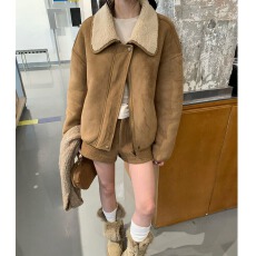 批发chic新款麂皮绒外套韩系羊羔毛皮毛一体短款机车<b class='q'>服</b>皮衣女冬小个子