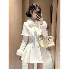 批发甜美千金小姐小香风白色毛呢披肩斗篷外套收腰连衣裙气质两件套裙