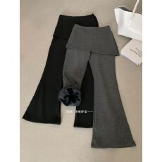 批发加绒韩国chic辣妹设计感假两件微喇裤女高腰显瘦休闲裤拖地屁帘裤
