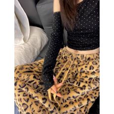 批发美式豹纹毛绒阔腿裤女冬季独特超好看宽松显瘦慵懒风休闲束脚长裤