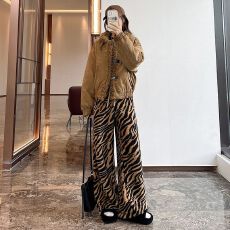 批发双面绒束脚裤 美式复古虎纹抽绳长裤女秋冬加绒保暖显瘦阔腿长裤