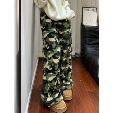 批发韩系迷彩毛绒绒休闲裤阔腿裤女冬季加绒高腰抽绳加厚直筒裤束脚裤