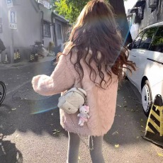 批发韩系新款粉色羊羔毛<b class='q'>外套女</b>韩版中长款气质皮毛一体超好看毛绒大衣