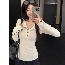 罗纹德绒220克美式亨利领长袖纽扣T恤秋冬修身显瘦气质打底上衣