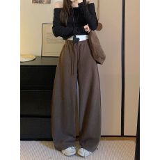 批发韩系新款宽松弯刀<b class='q'>休闲裤</b><b class='q'>女</b>高腰阔腿<b class='q'>长裤</b>百搭通勤设计感慵懒风卫裤