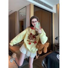 批发韩系美式复古卡通图案连帽卫衣女秋冬新款外套搭休闲上衣套装潮