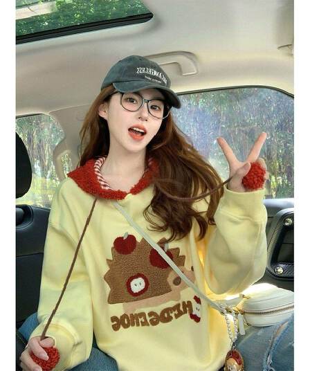 한 부서 chic 아메리칸 레트로 만화 패턴 후드 티 스웨터 여성 가을 겨울 새로운 재킷 캐주얼 다용도 맨위 트렌디