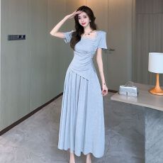 批发260克人棉螺纹面料配腰带一盐系轻熟高级感灰色气质收腰显瘦长裙