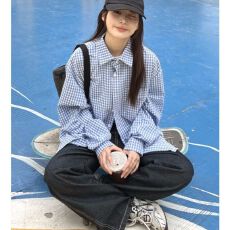 批发夏日韩版格子蓝色衬衫女宽松<b class='q'>男</b>友风衬衣宽松显瘦防晒开衫垂感外套