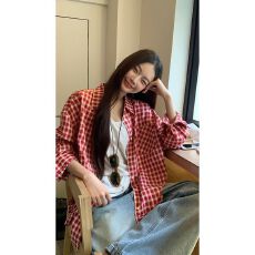 批发夏日韩版格子蓝色衬衫女宽松<b class='q'>男</b>友风衬衣宽松显瘦防晒开衫垂感外套