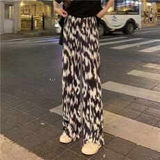 批发大码裤子扎染豹纹百褶裤子女ins新款休闲裤宽松显瘦<b class='q'>高腰</b>垂感阔腿