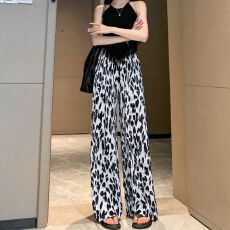 批发大码裤子百褶阔腿裤女春夏薄款豹纹直筒垂感宽松休闲裤扎染拖地裤