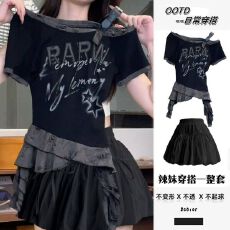 批发夏季韩版高级感斜肩t恤女修身拼接短袖上衣+高腰黑色半身<b class='q'>裙</b>两件套