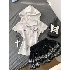 批发日系可爱亚文化套装夏日宅系连帽上衣<b class='q'>短袖</b>女蓬蓬蛋糕裙短裙两件套