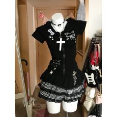 批发日系可爱亚文化套装夏日宅系连帽上衣<b class='q'>短袖</b>女蓬蓬蛋糕裙短裙两件套