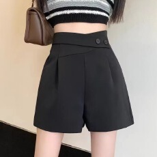 批发粉色西装<b class='q'>短裤</b>女夏季薄款大码设计感不规则宽松高腰显瘦阔腿A字裤