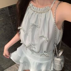 批发韩系设计感套装蝴蝶结挂脖<b class='q'>背心</b>上衣<b class='q'>女装</b>夏季高腰蛋糕半身裙两件套