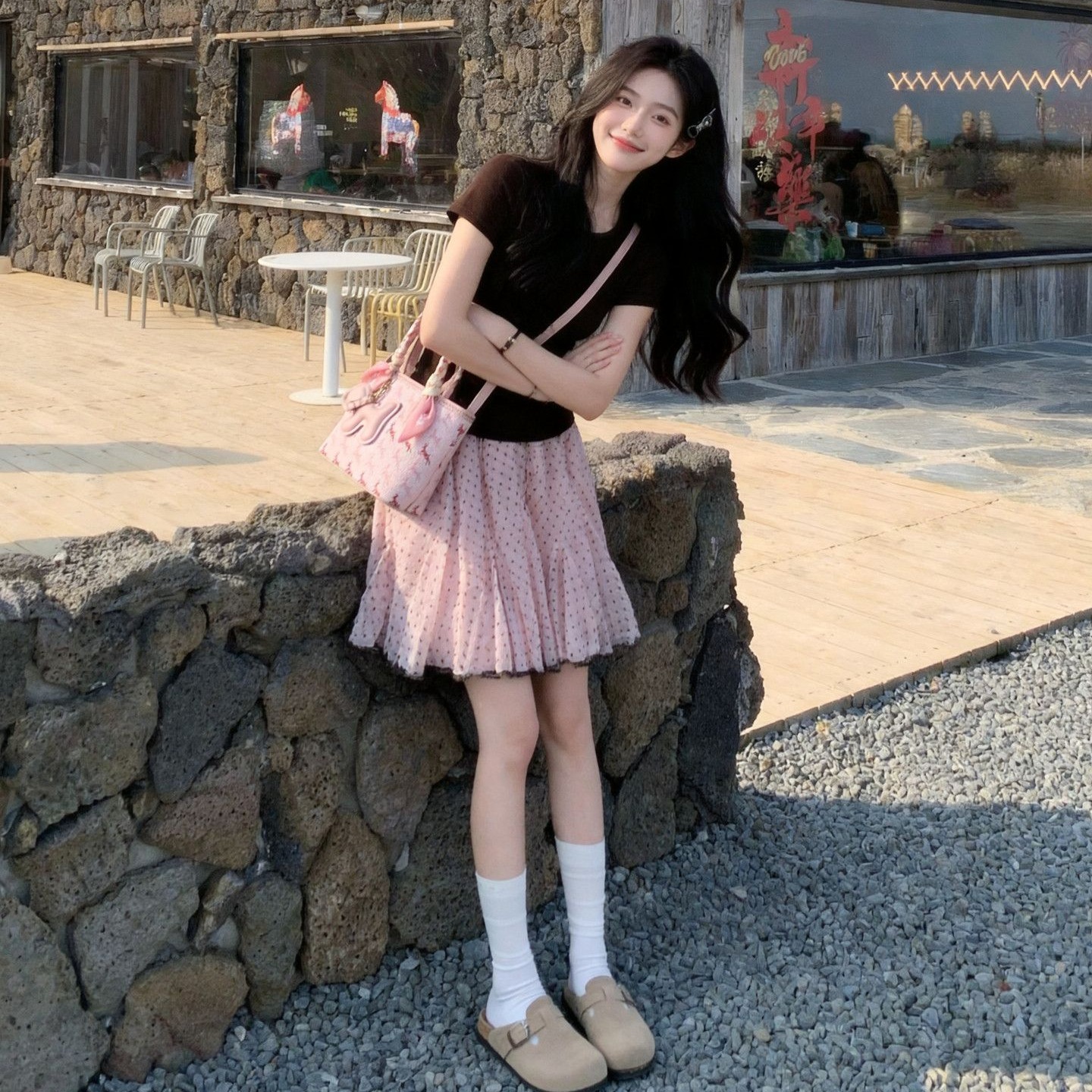 한 부서 chic 도트 무늬 망사 반신 스커트 여성 여름 2026 년 새로운 한 마디 미니 스커트 슬림해 보이는 퍼프 스커트