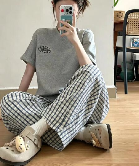 아메리칸 파란색 체크무늬 바지 여성 여름 얇은 스타일 청 순수한 시스템 느슨함 센스 바지 얼음 실크 루즈핏 느긋한 바람 와이드 레그 팬츠