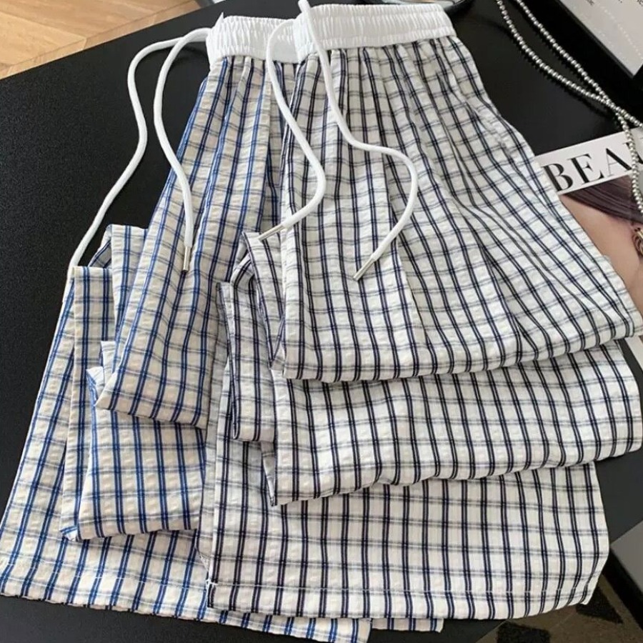 한 부서 아메리칸 파란색 체크무늬 바지 여성 여름 얇은 스타일 느슨함 센스 바지 얼음 실크 루즈핏 느긋한 바람 와이드 레그 팬츠
