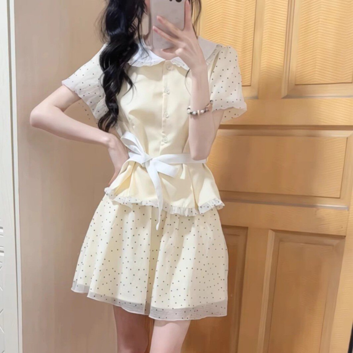 달콤한 자매 학원 스타일 도트 무늬 반신 치마 세트 여성 여름 베이비 칼라 반팔 맨위 케이크 미니 스커트 투피스 세트