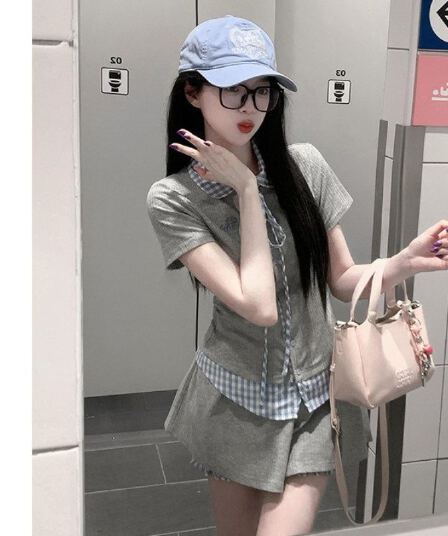 한 부서 chic 학원 스타일 세트 여성 여름 자이언트 잘 생긴 작은 키 관대 한 점잖은 여름 ootd 착용 가져 가라. 전체 집합