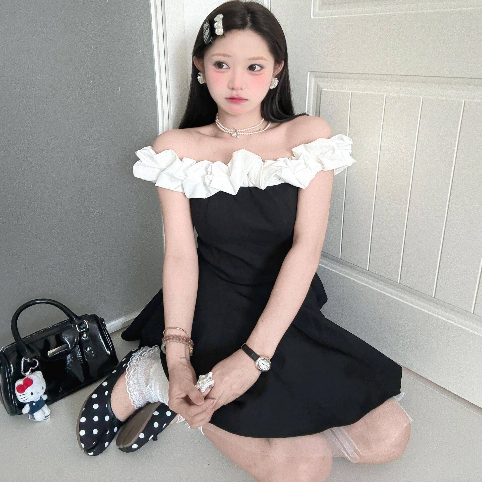 프랑스식 그는 벤 바람 오프숄더 여성 드레스 작은 키 배색 패치워크 허리 수축 발레 바람 퍼프 미니 스커트 여름