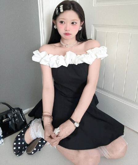 프랑스식 그는 벤 바람 오프숄더 여성 드레스 작은 키 배색 패치워크 허리 수축 발레 바람 퍼프 미니 스커트 여름