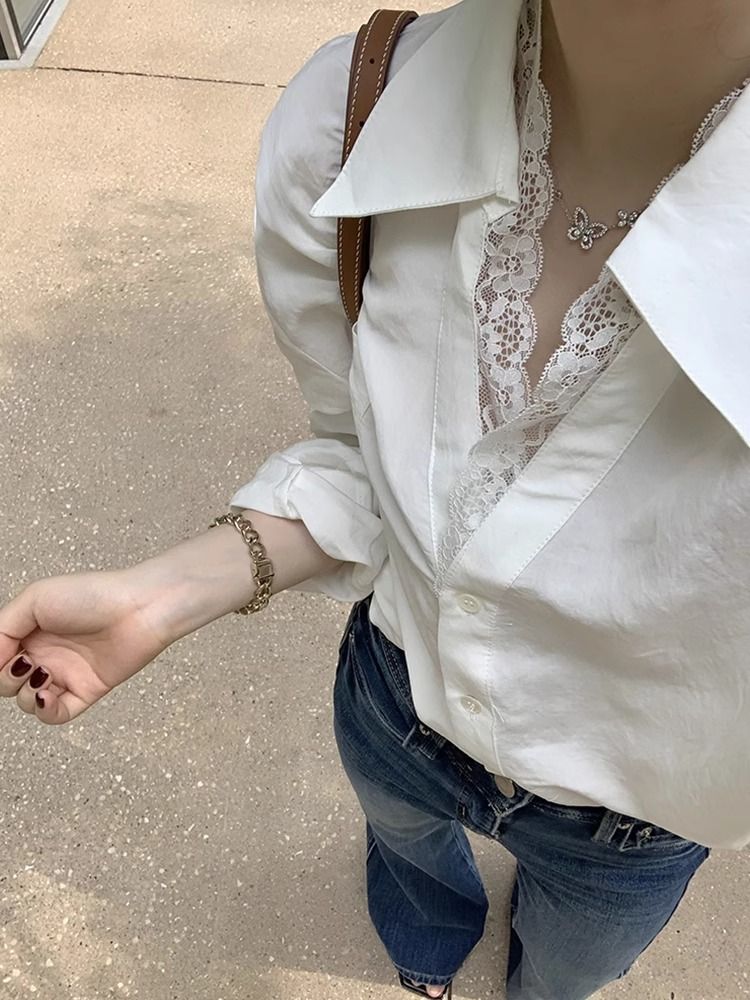 한 부서 모방 주간 실크 원단 레이스 레이스 하나 레이스 긴팔 폴로 칼라 디자인 센스 화이트 셔츠 높음 지혜 바람 맨위