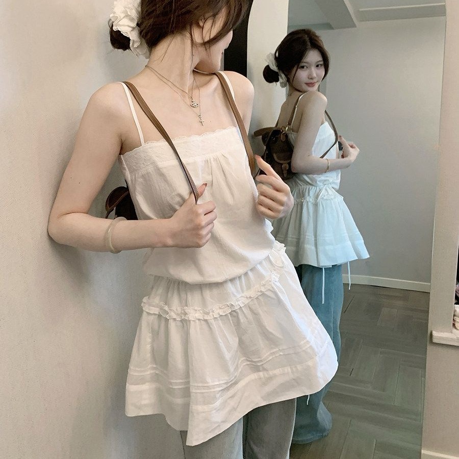 한 부서 chic 슬립 드레스 여름 새로운 달콤함 순수한 욕망 레이스 조각 한 마디 민소매 오프숄더 드레스 미니 스커트 여성