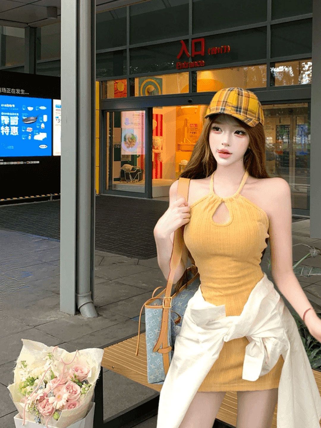 한 부서 chic 도파민 바람 황색 행침 목 홀로우 아웃 민소매 여성 드레스 여름 품격 몸매 가꾸기 슬림해 보이는 미니 스커트