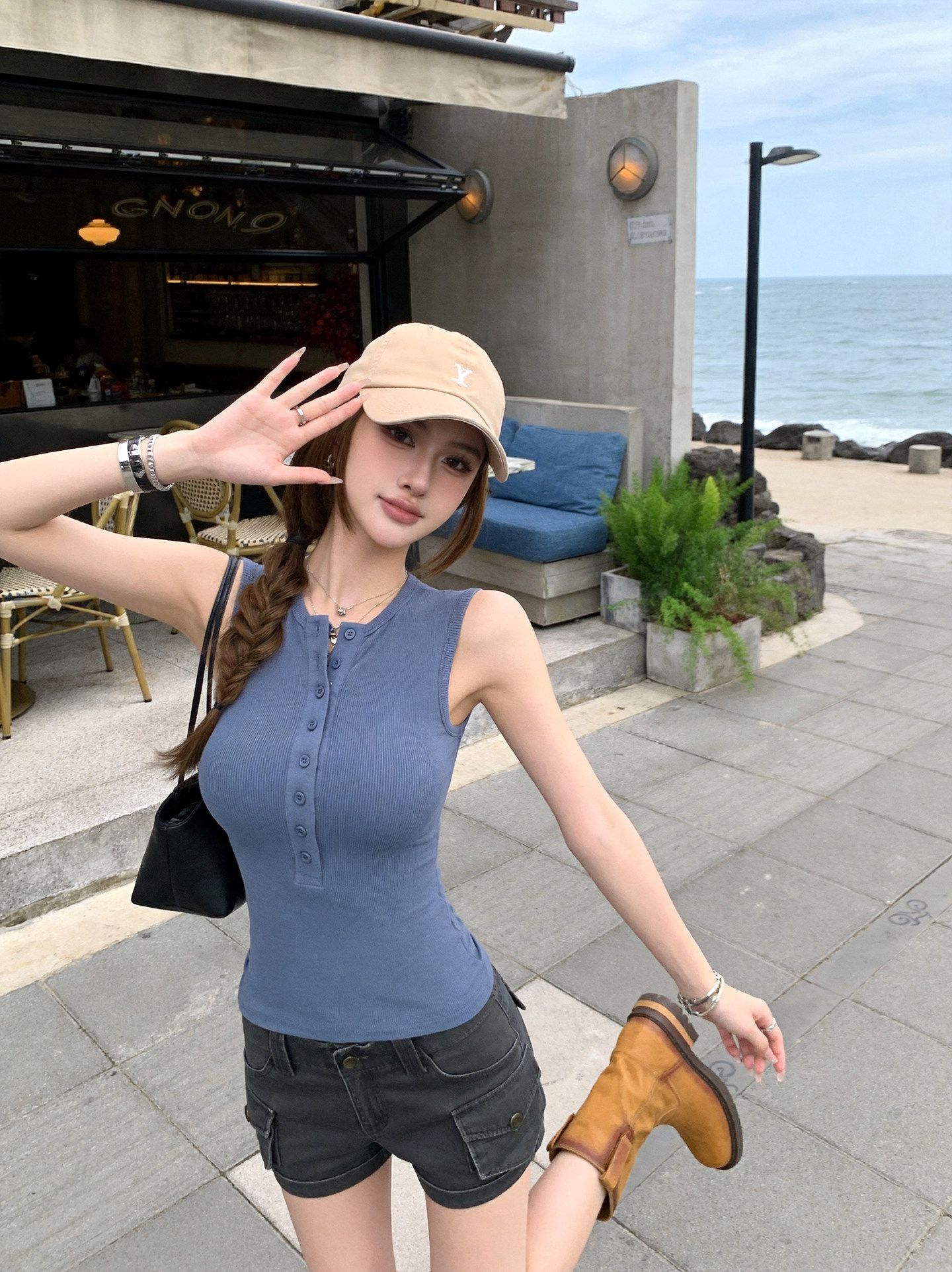 260 그램 사람들 면 한국 스타일 패션 핫걸 헨리 칼라 민소매 조끼 여성 여름 디자인 센스 몸매 가꾸기 슬림해 보이는 맨위