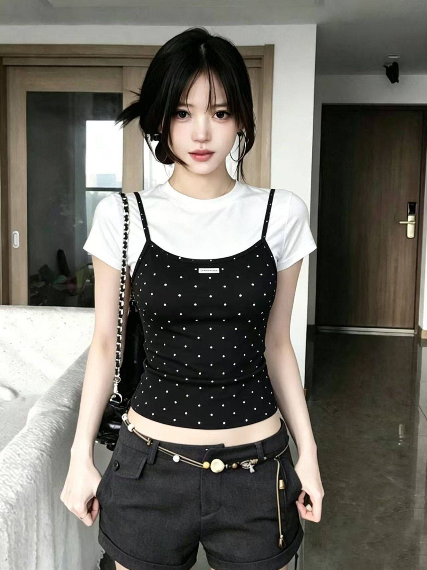 210 그램 좋은 면 한 부서 도트 무늬 페이크 레이어드 반팔 티셔츠 여성 여름 몸매 가꾸기 슬림해 보이는 고유 한 아름다운 핫걸 맨위