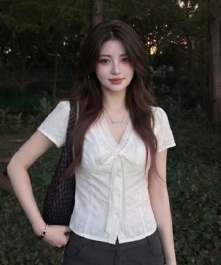 한 부서 순면 자카드 새로운 2026 신선함 순수한 욕망 레이스업 허리 수축 쇼트 스타일 홀로우 아웃 자수 슬림해 보이는 반팔 셔츠