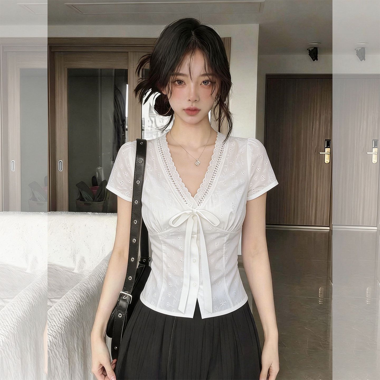 순면 자카드 2026 새로운 한 부서 부드러운 바람 홀로우 아웃 레이스 V넥 작은 셔츠 레이스업 허리 수축 쇼트 스타일 화이트