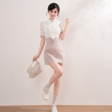 批发甜美清楚系设计感露肩短袖衬衫女夏季2026<b class='q'>新款</b>高腰显瘦半裙两件套