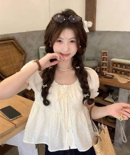 원본 자카드 한 부서 프랑스식 광장 칼라 반팔 여성 셔츠 여름 거품 소매 셔츠 작은 셔츠 일본식 맨위 서비스