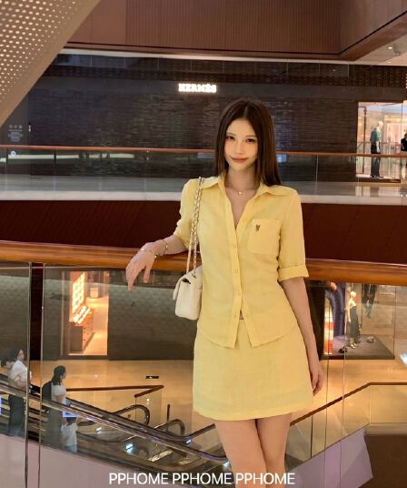 면 린넨 작은 대중 황색 셔츠 미니 스커트 여성 여름 섹션 한 부서 착용 가져 가라. 세트 밝은 반신 스커트 맨위 투피스 세트