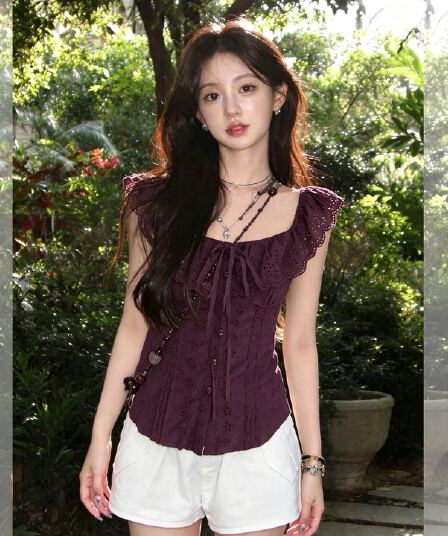 자카드 순면 네리 명중 가져 가라. 한 부서 chic 순수한 욕망 바람 오프숄더 프릴 브라운 보라색 자수 짧은 맨위