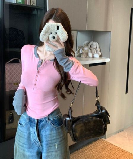 260 그램 사람들 면 핫걸 배색 페이크 레이어드 반 개방 칼라 허리 수축 긴팔 티셔츠 여성 슬림해 보이는 인사이드 가져 가라. 기본 셔츠 맨위